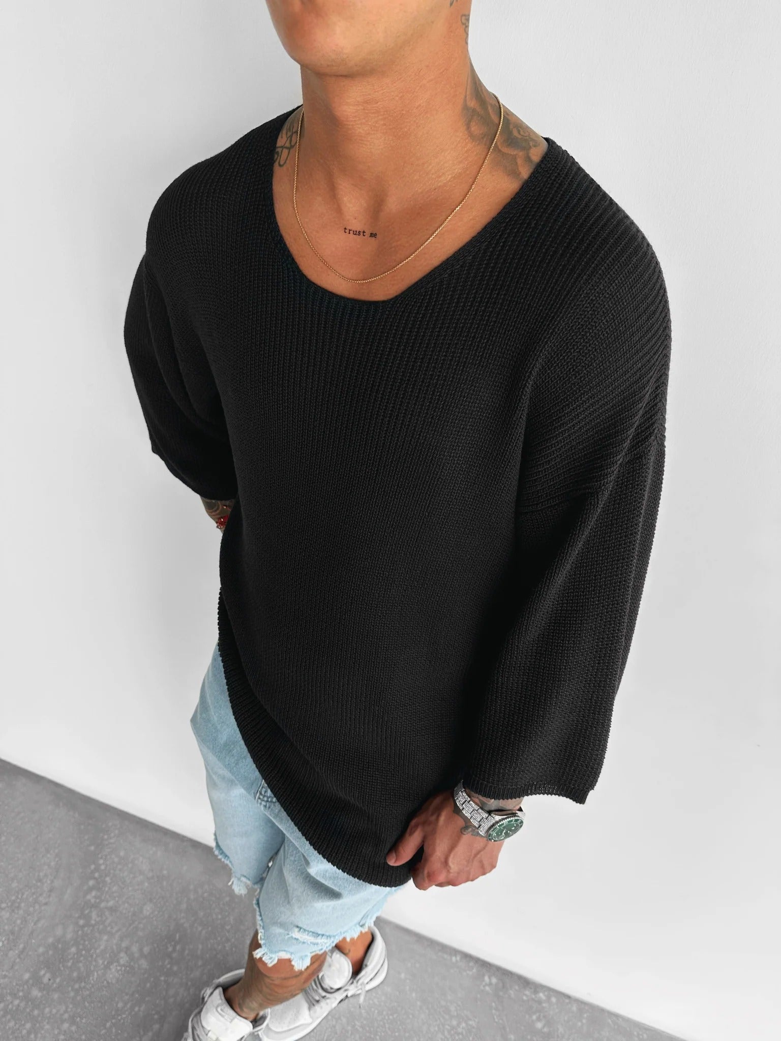 Oversize Long Knit T-Shirt - Black