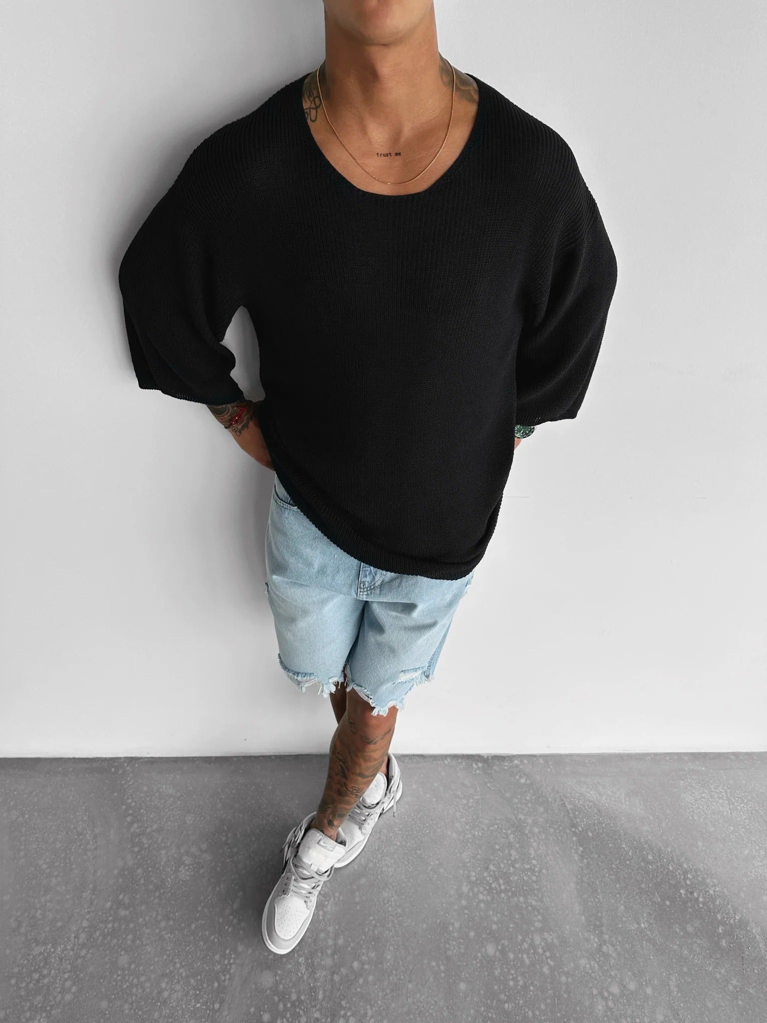 Oversize Long Knit T-Shirt - Black