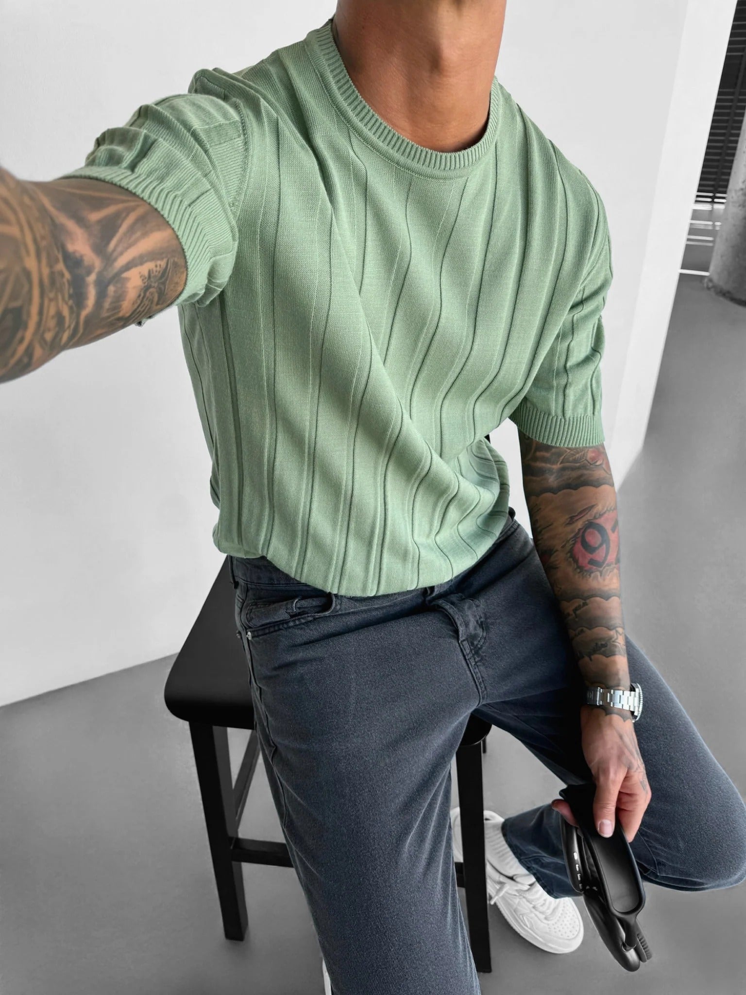 Regular Fit Knit Lines T-shirt - Grass