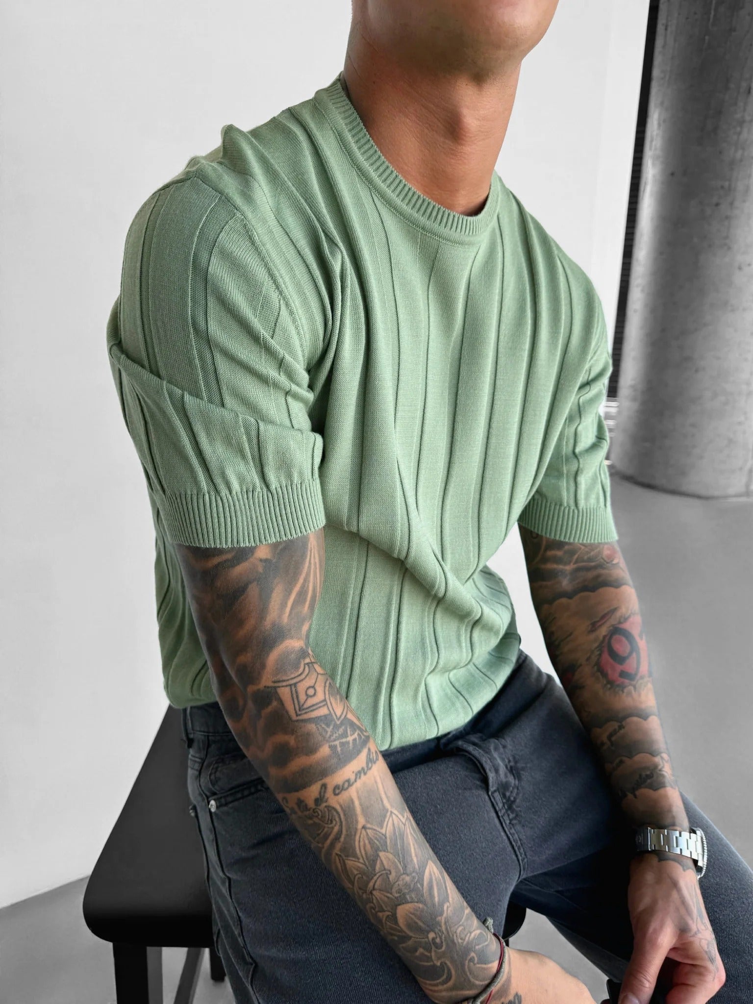 Regular Fit Knit Lines T-shirt - Grass