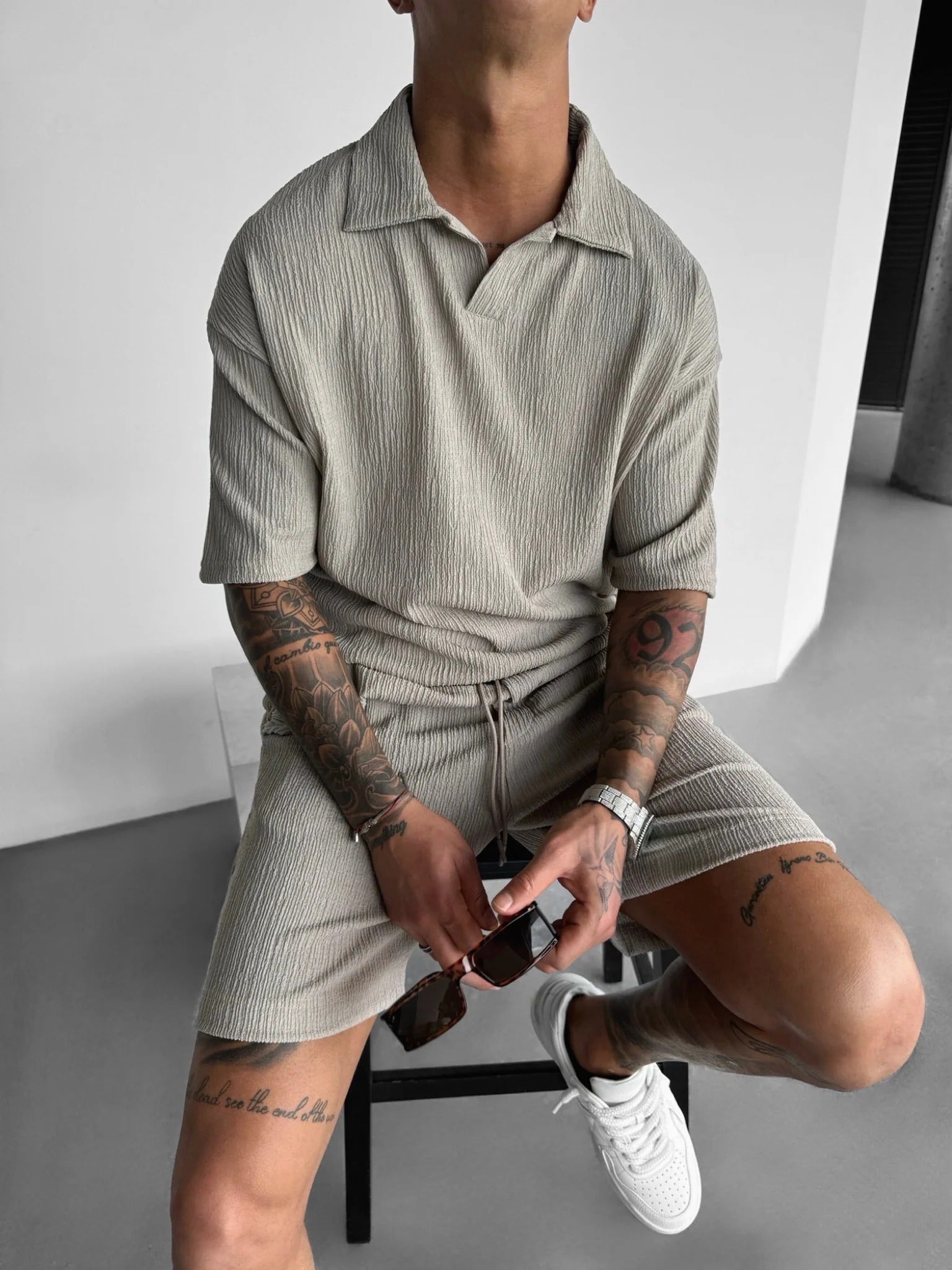 Loose Fit Crepe Shorts - Stone