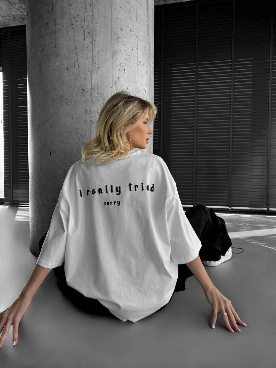 Oversize 'I Really Tried' T-shirt - Ecru