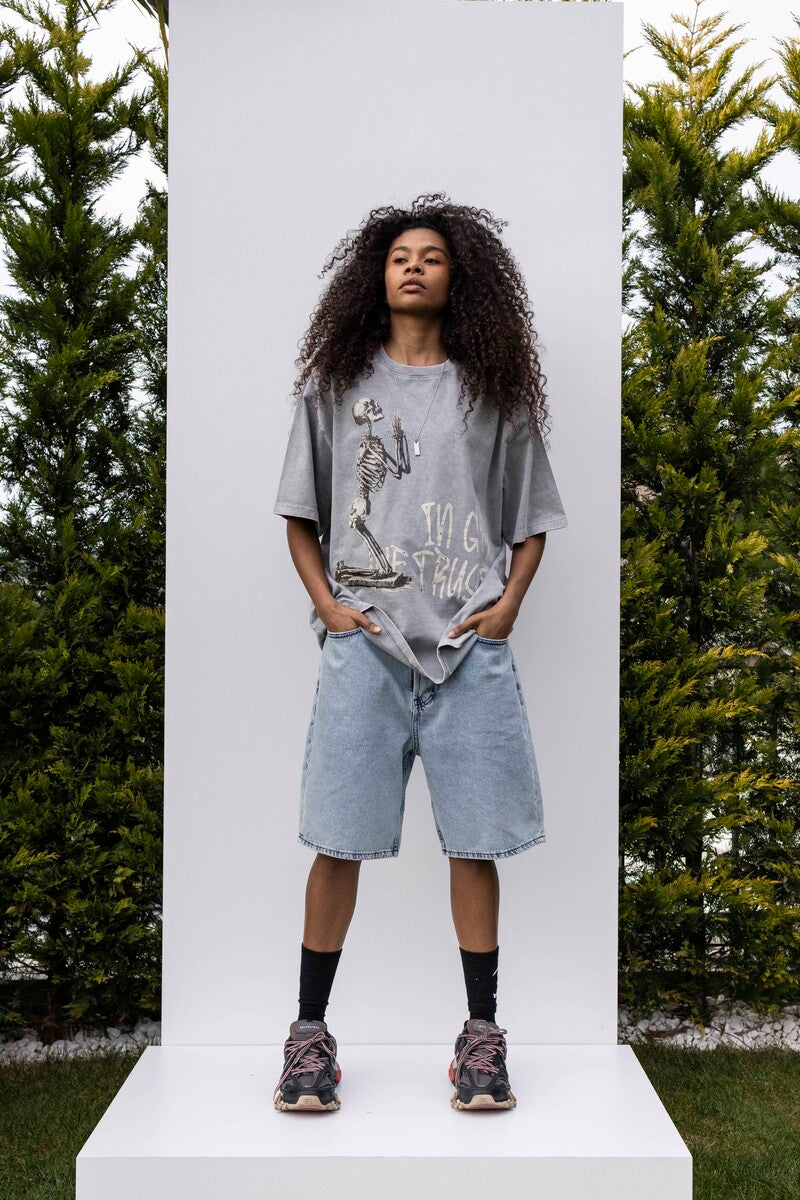 IN GOD WE TRUST PRINTED WASHED T-SHIRT GRAY 1846