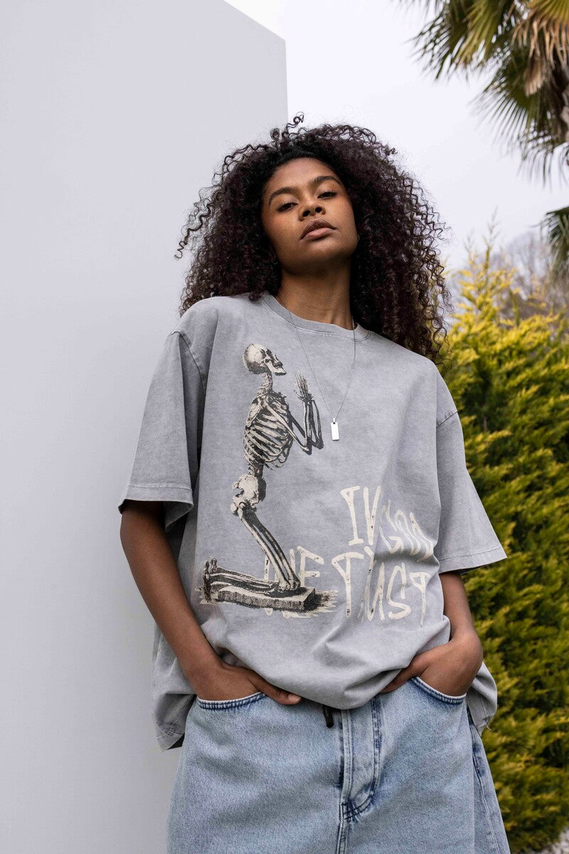 IN GOD WE TRUST PRINTED WASHED T-SHIRT GRAY 1846