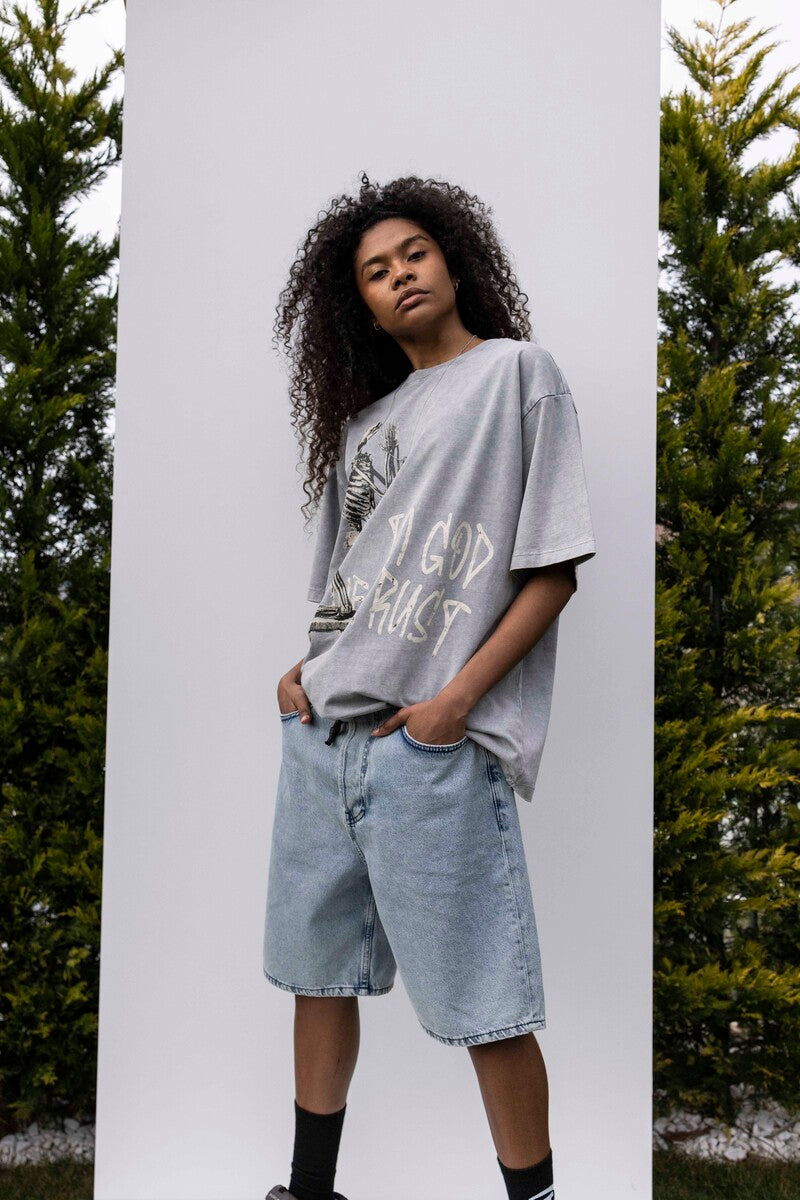 IN GOD WE TRUST PRINTED WASHED T-SHIRT GRAY 1846