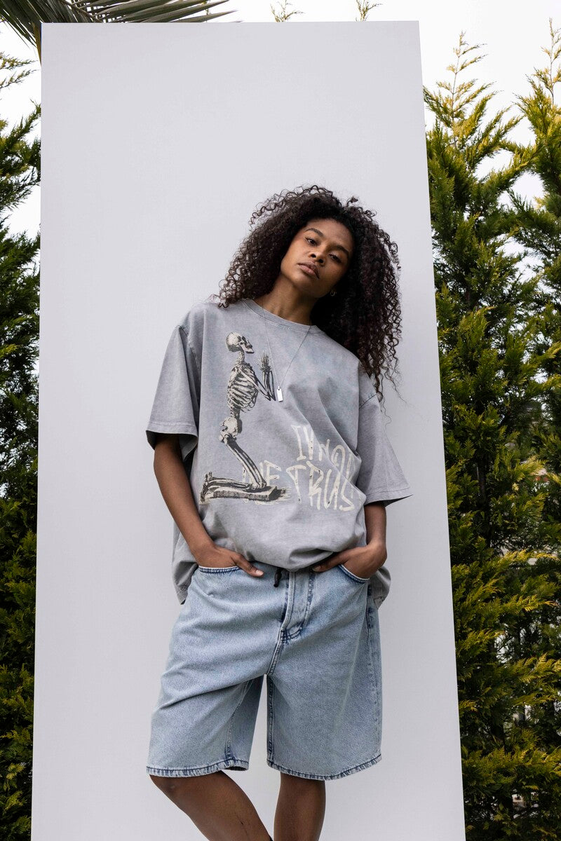 IN GOD WE TRUST PRINTED WASHED T-SHIRT GRAY 1846