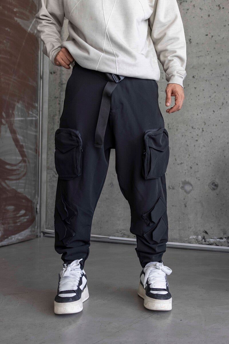 Belt-Detail Cargo Jogger Pants – Multi-Pocket Design Jogger Pants Black 16407