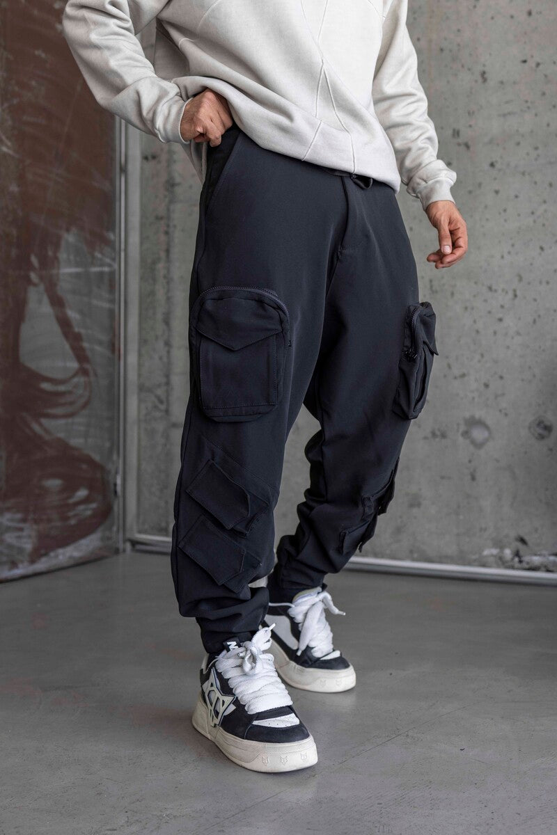 Belt-Detail Cargo Jogger Pants – Multi-Pocket Design Jogger Pants Black 16407