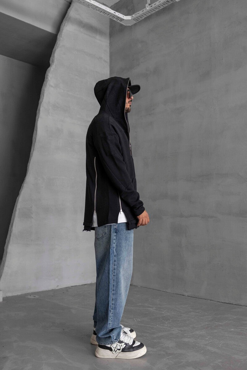 Long Asymmetric Zippers Hoodie Black 1470