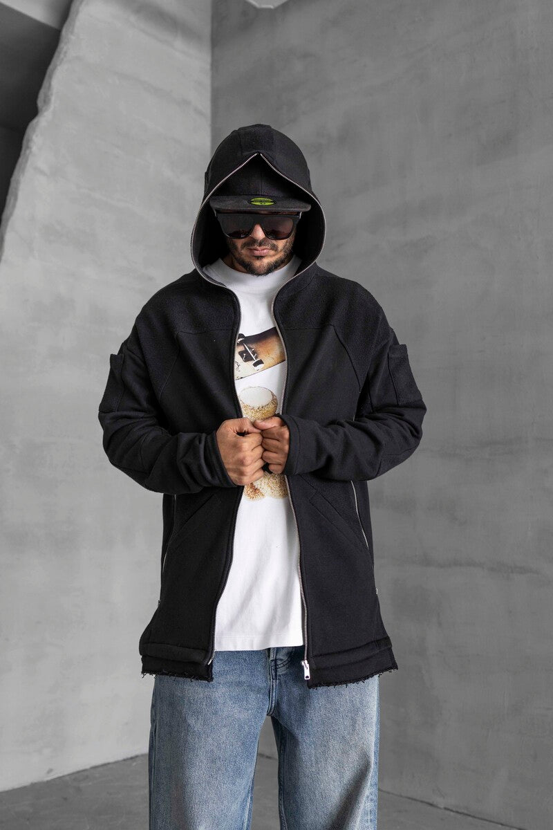 Long Asymmetric Zippers Hoodie Black 1470