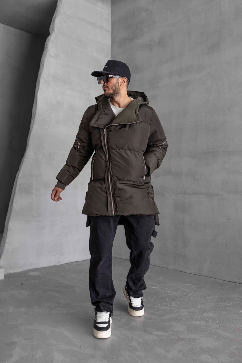 Long Coat Assymetric Khaki Zip Jacket 7001