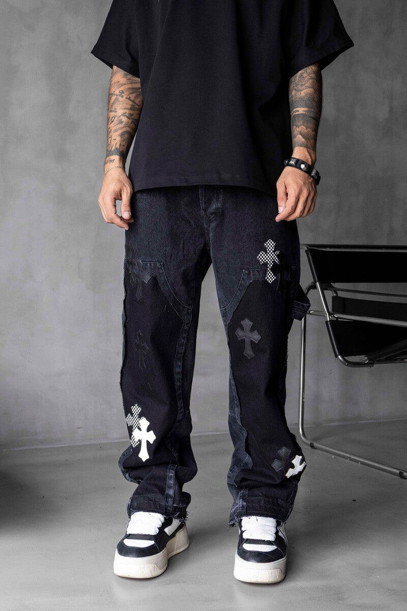 Loose Fit Patterned Black Cross Jeans 17063