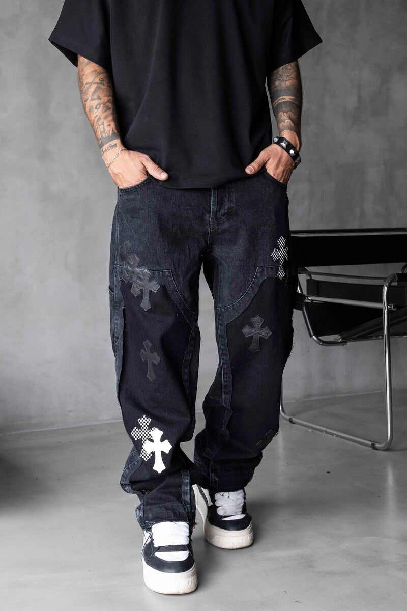 Loose Fit Patterned Black Cross Jeans 17063