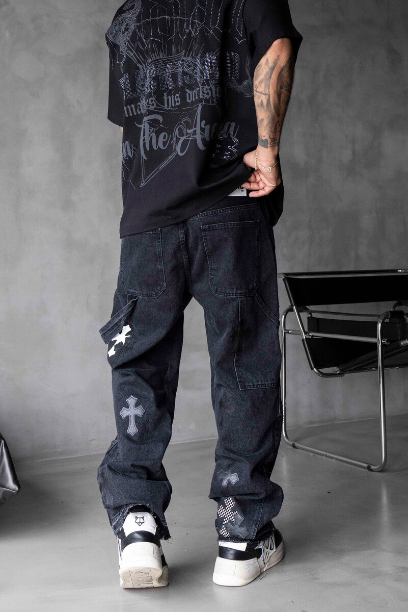 Loose Fit Patterned Black Cross Jeans 17063