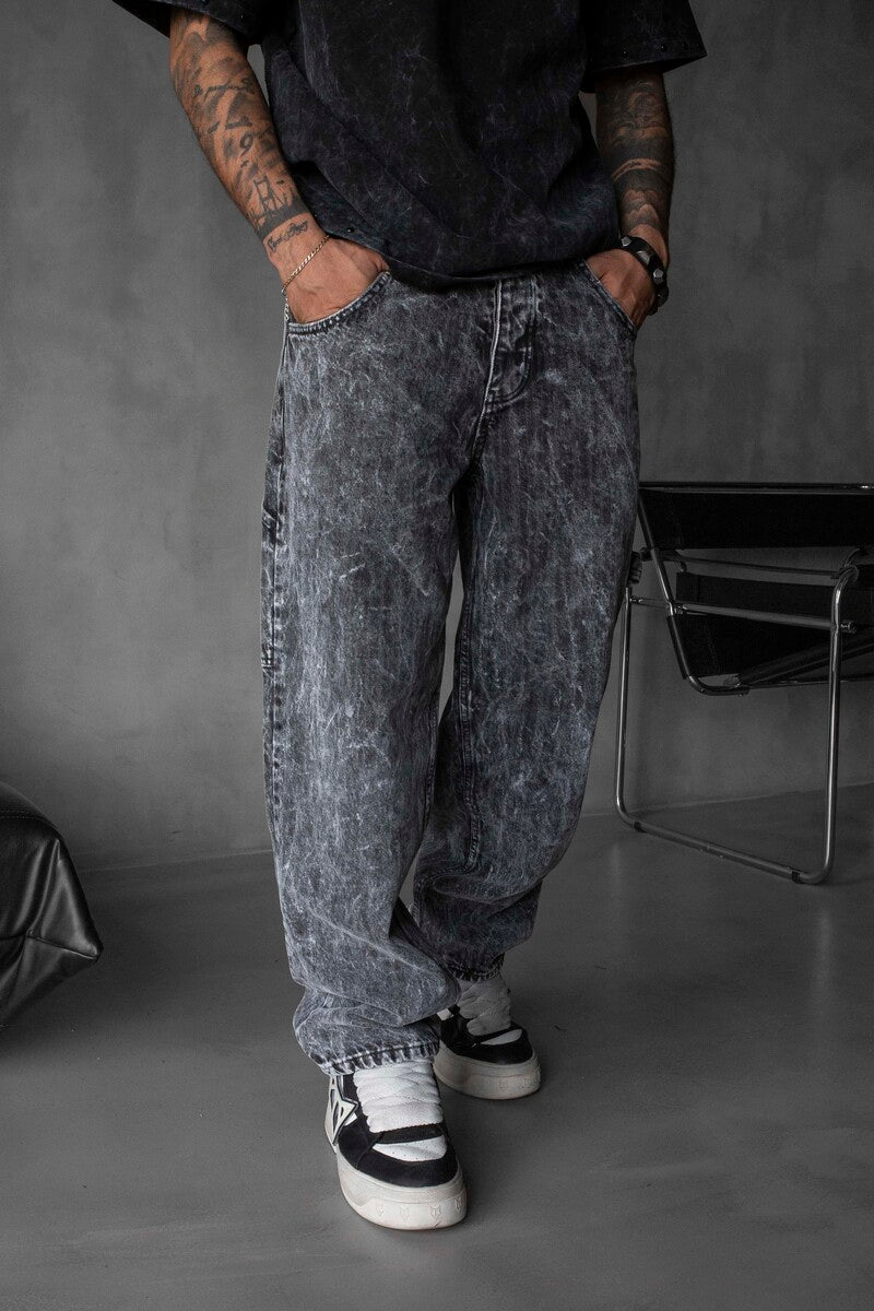 Loose Fit Patterned Black Jeans 17073