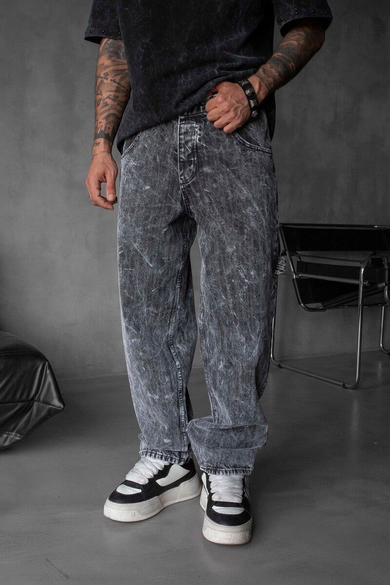 Loose Fit Patterned Black Jeans 17073