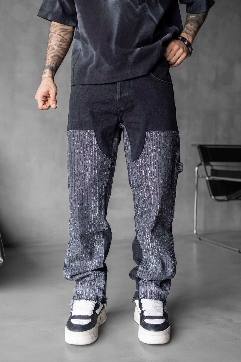 Loose Fit Patterned Black Jeans 17093