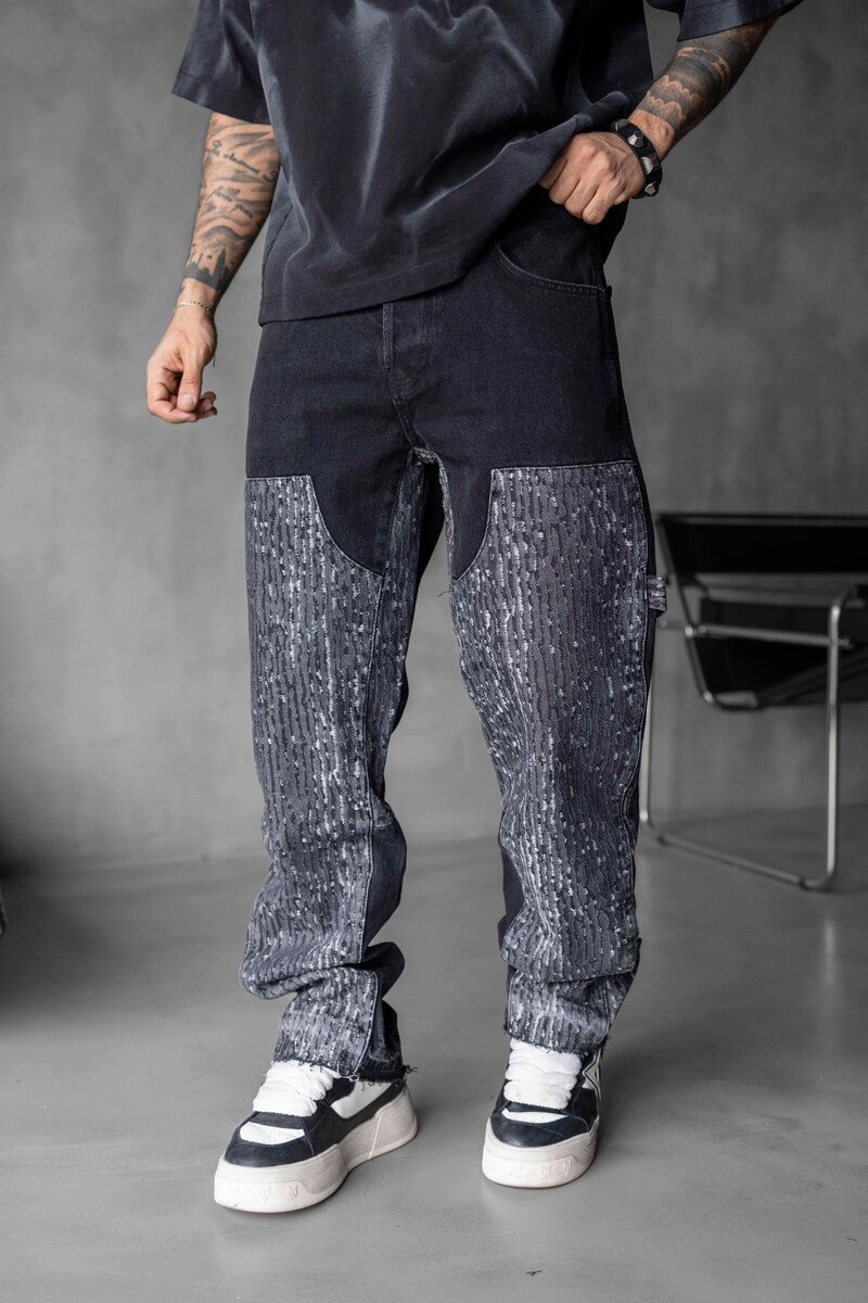 Loose Fit Patterned Black Jeans 17093