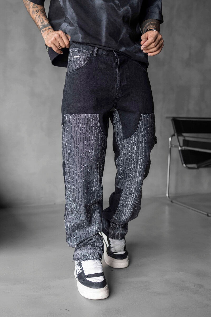 Loose Fit Patterned Black Jeans 17093