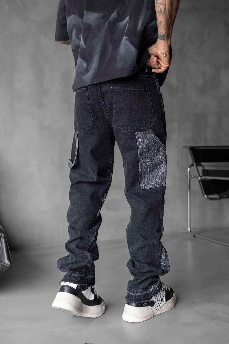 Loose Fit Patterned Black Jeans 17093