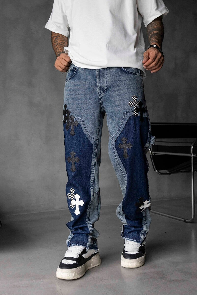 Loose Fit Patterned Blue Cross Jeans 17061