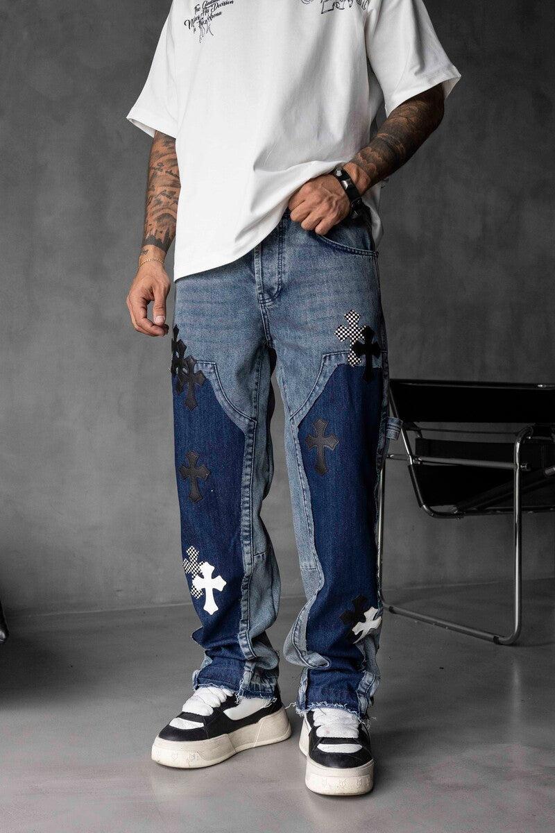 Loose Fit Patterned Blue Cross Jeans 17061