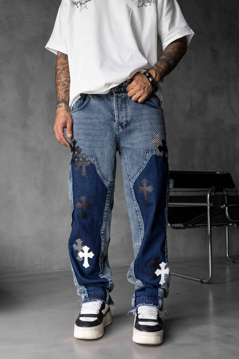 Loose Fit Patterned Blue Cross Jeans 17061
