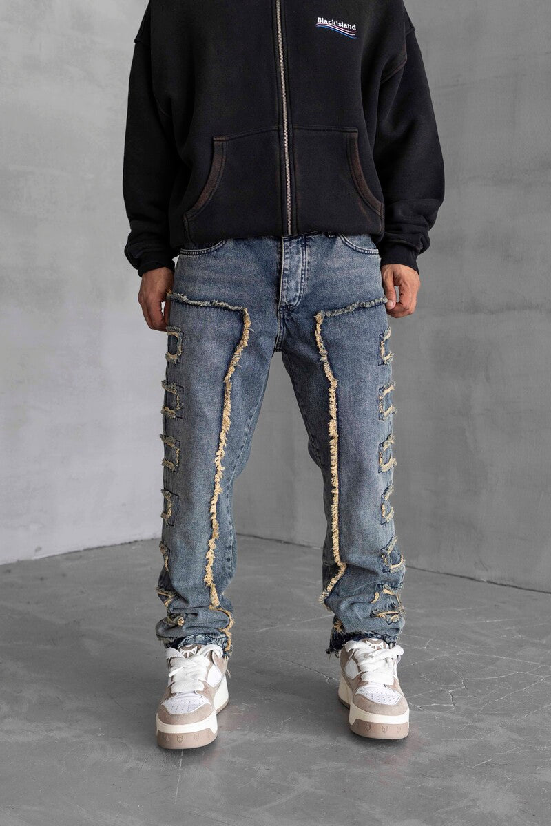 Loose Fıt Patterned Blue Jeans 16888