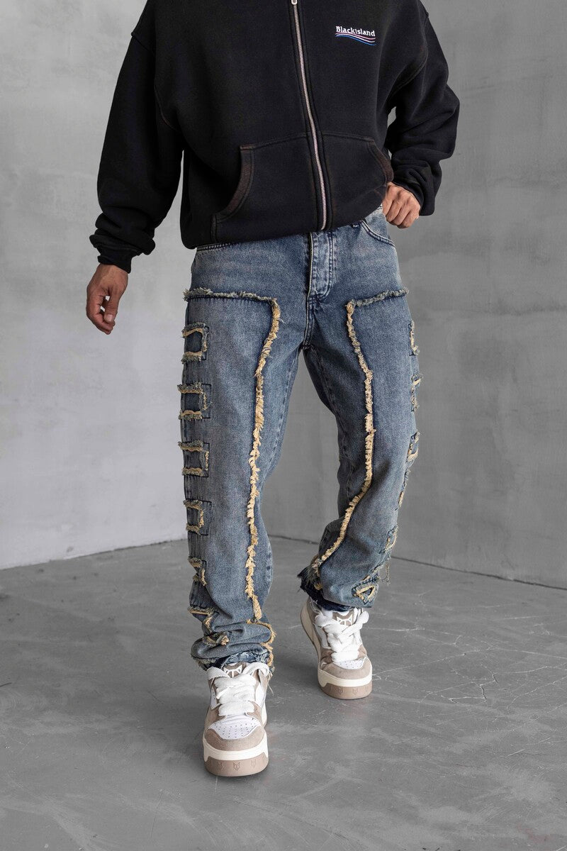 Loose Fıt Patterned Blue Jeans 16888