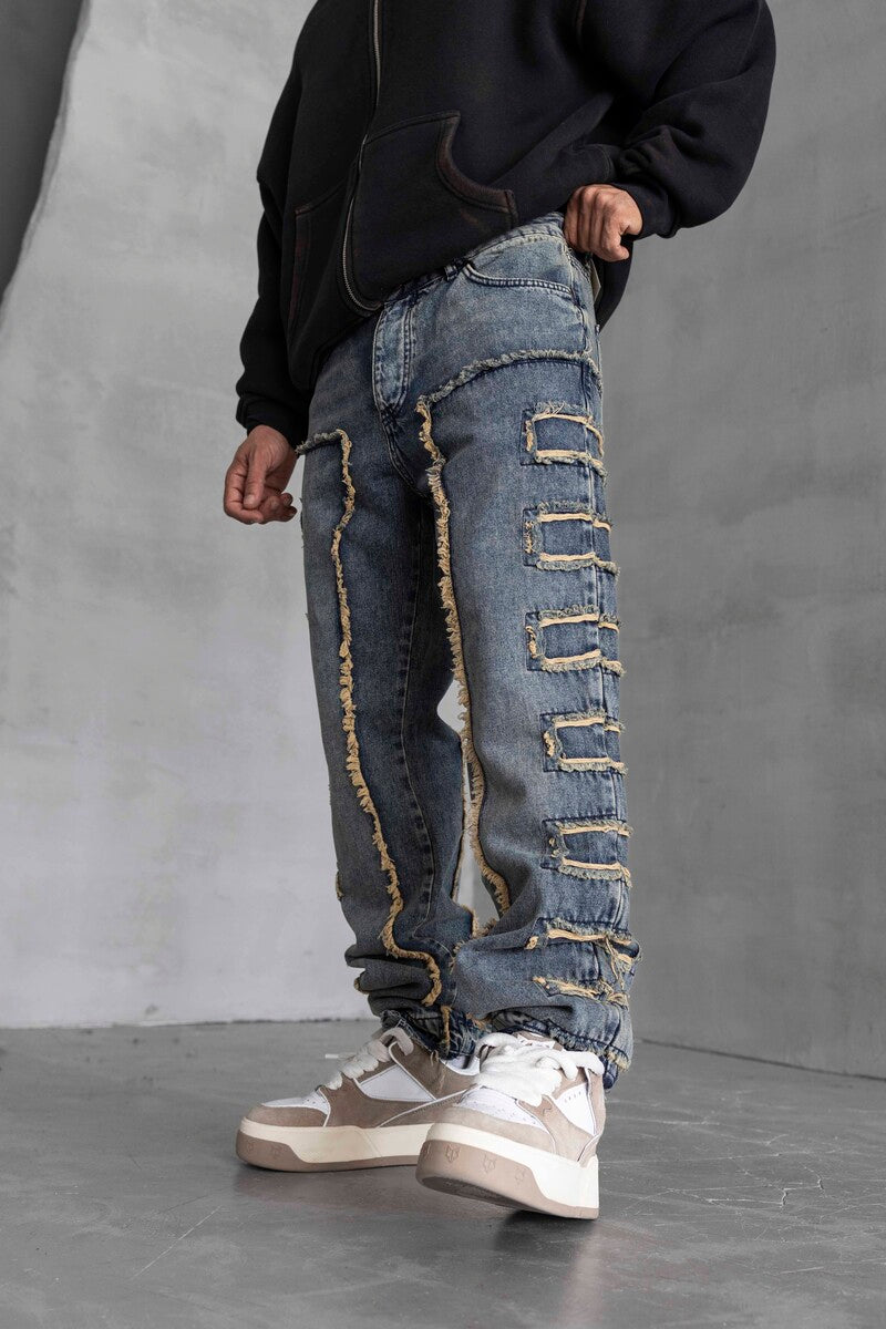 Loose Fıt Patterned Blue Jeans 16888