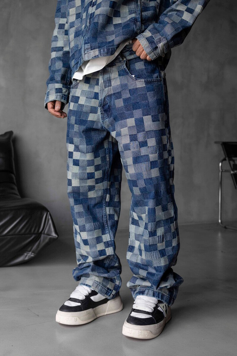 Loose Fit Patterned Blue Jeans 17103