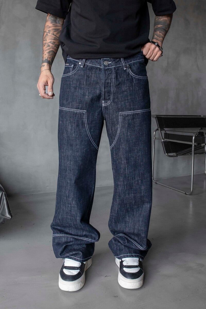 Loose Fit Patterned Blue Jeans 17105