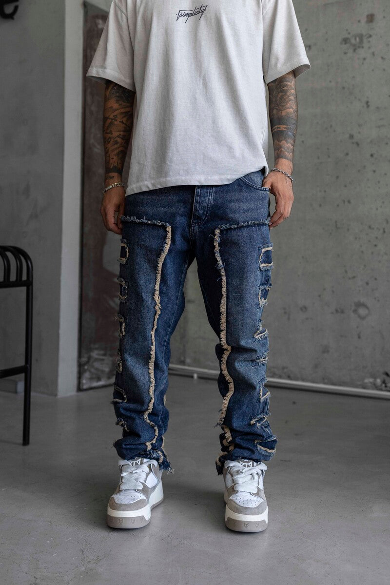 Loose Fıt Patterned Dark Blue Jeans 16889