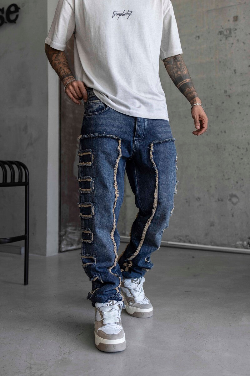 Loose Fıt Patterned Dark Blue Jeans 16889