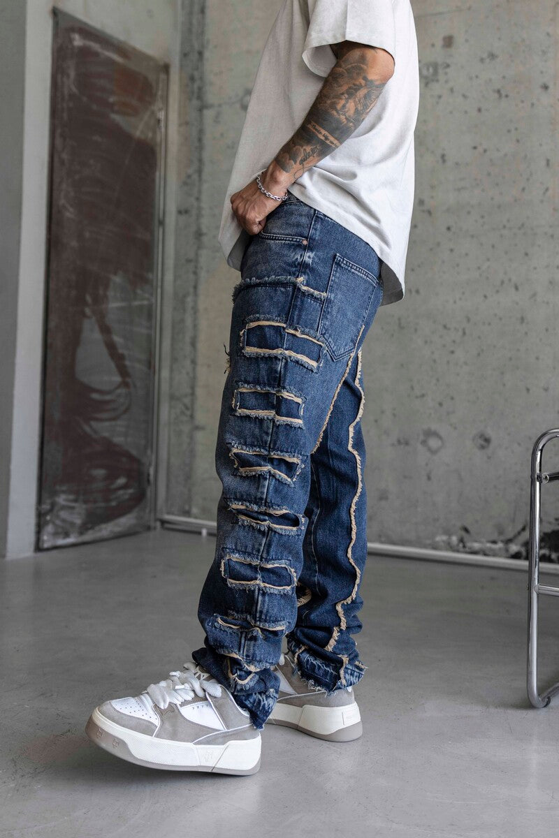 Loose Fıt Patterned Dark Blue Jeans 16889