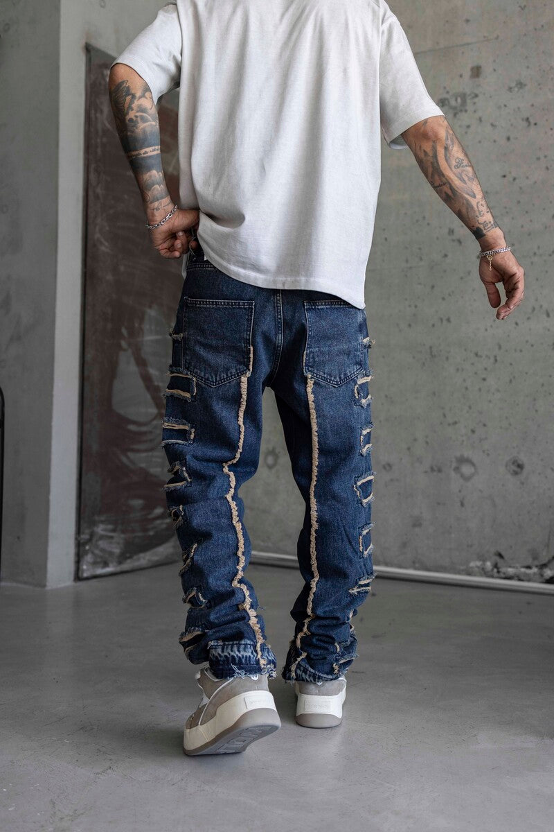 Loose Fıt Patterned Dark Blue Jeans 16889