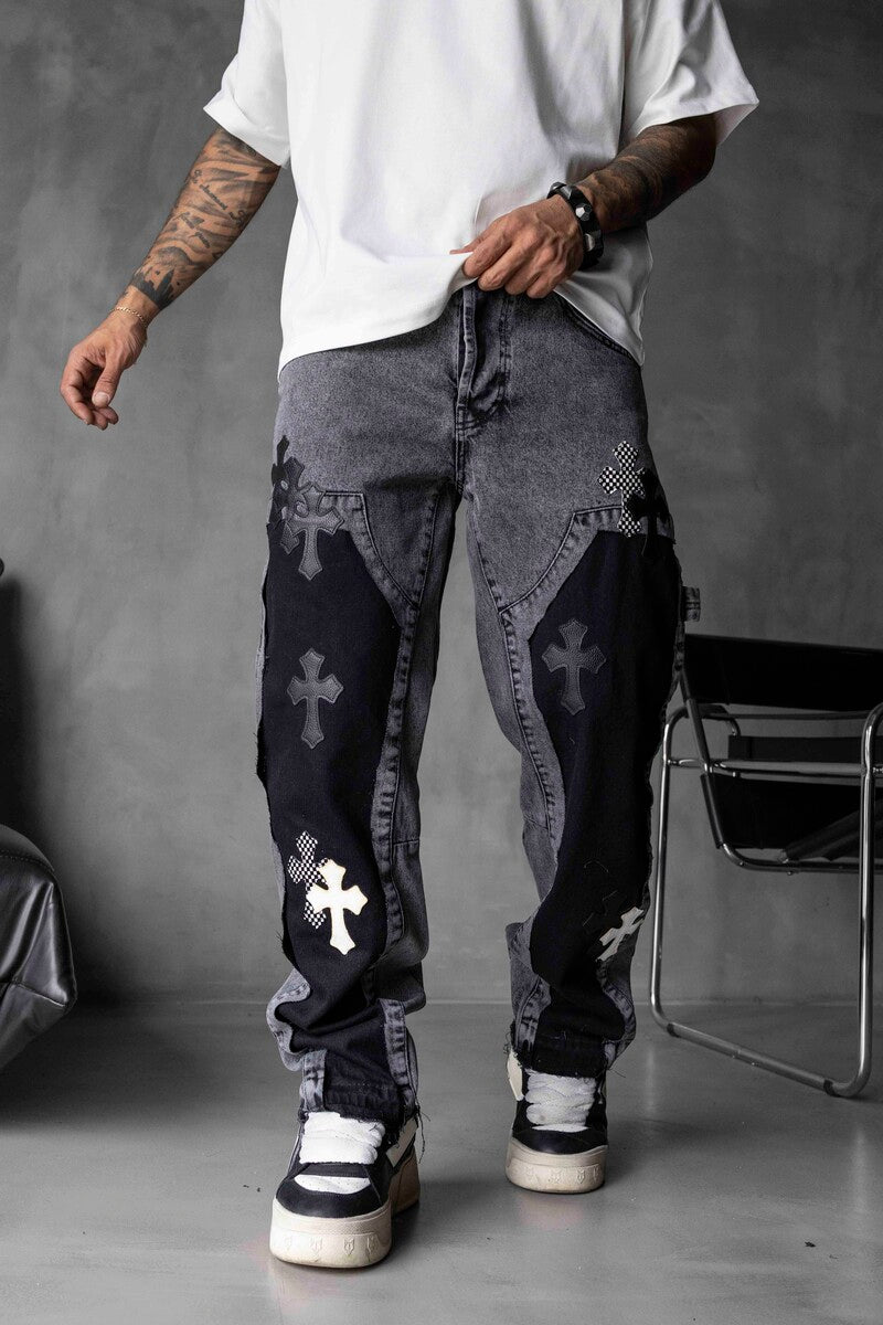 Loose Fit Patterned Gray Cross Jeans 17064