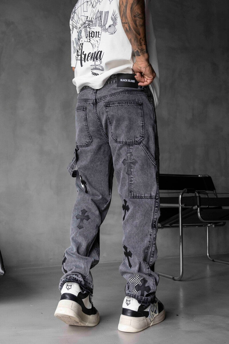 Loose Fit Patterned Gray Cross Jeans 17064