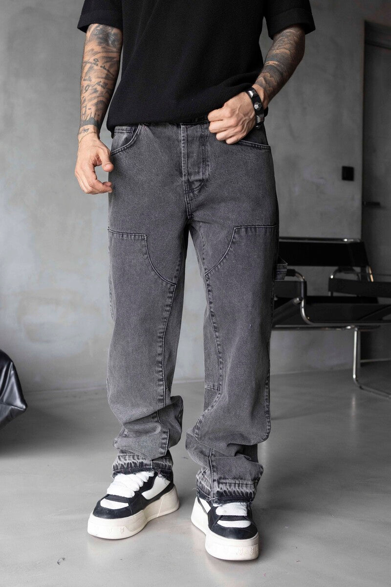 Loose Fit Patterned Gray Jeans 17067