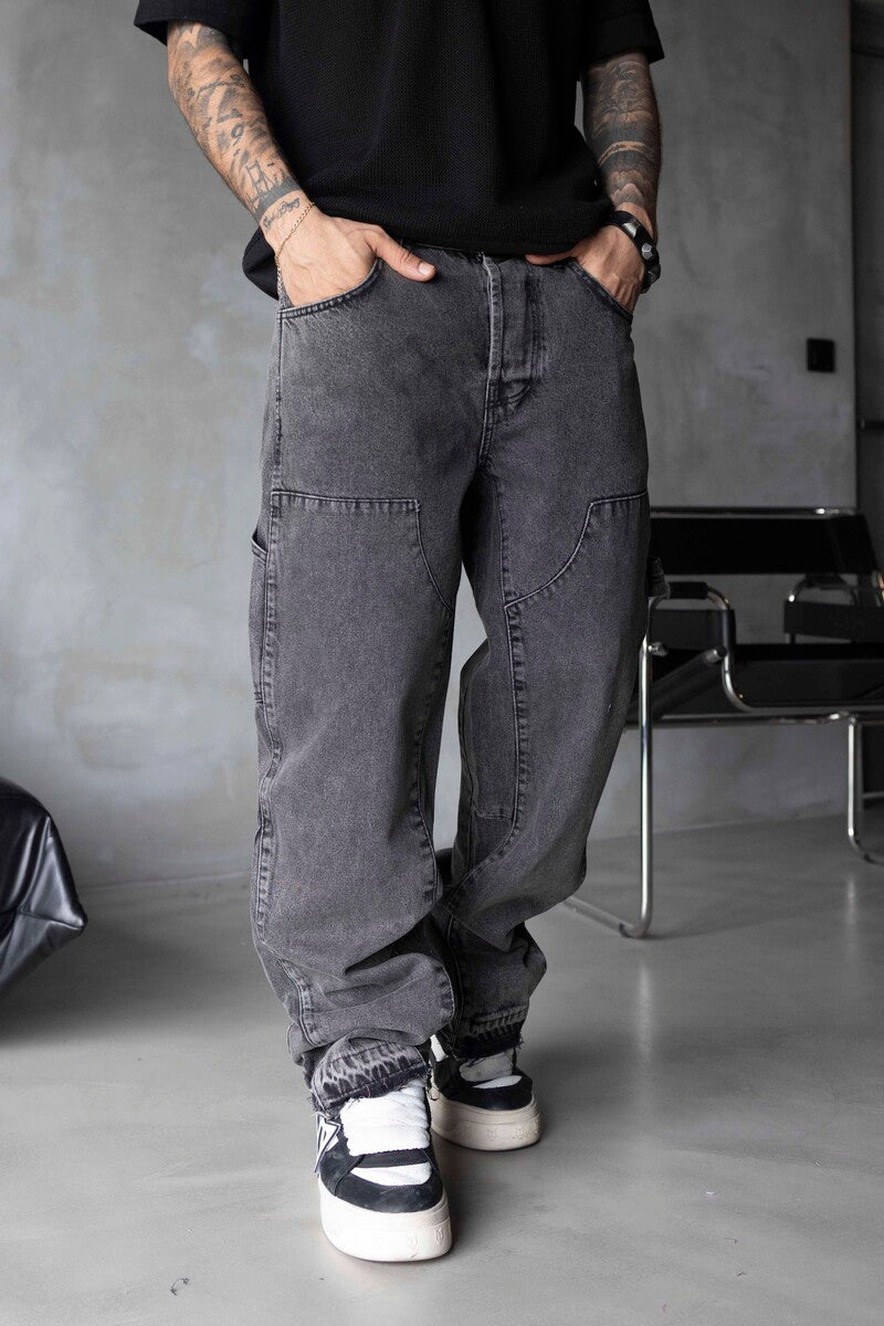 Loose Fit Patterned Gray Jeans 17067