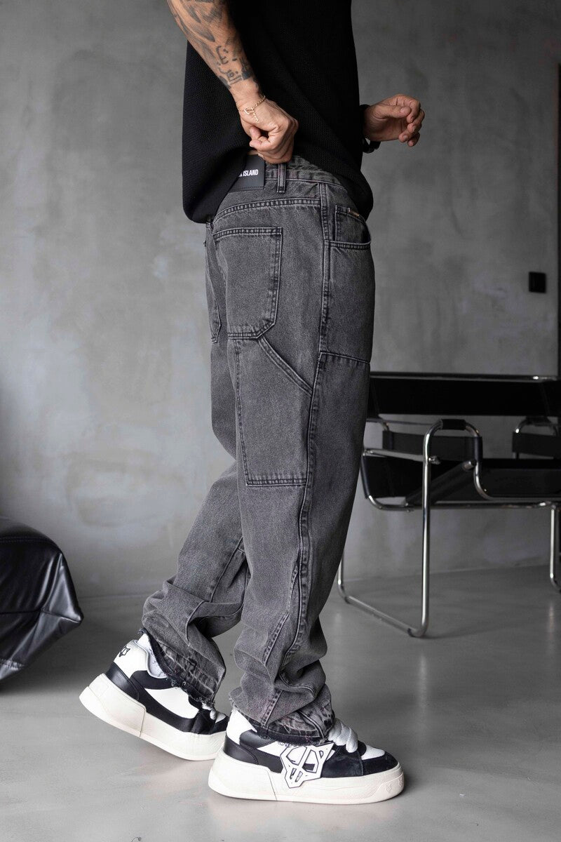 Loose Fit Patterned Gray Jeans 17067