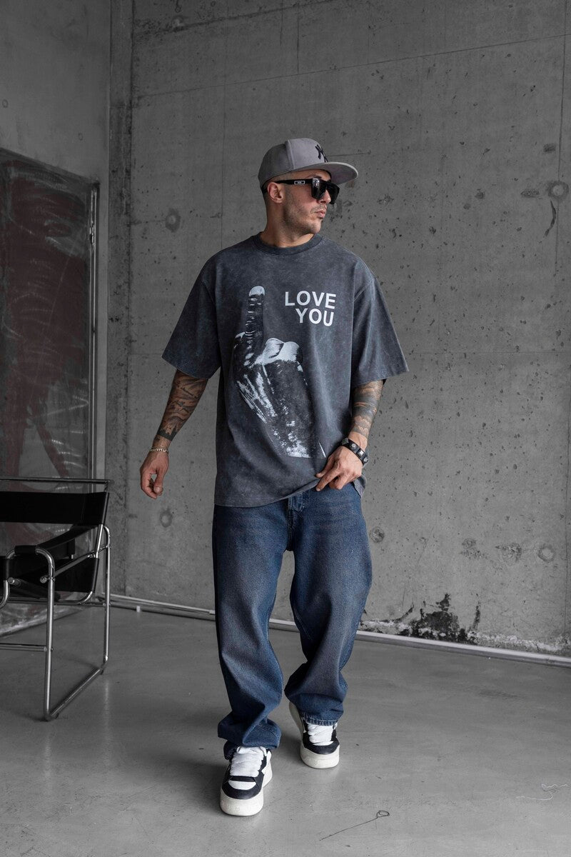 LOVE YOU PRINTED WASHED T-SHIRT GRAY 1736
