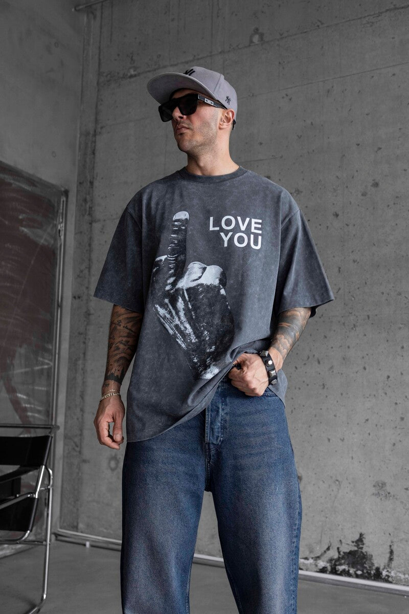 LOVE YOU PRINTED WASHED T-SHIRT GRAY 1736