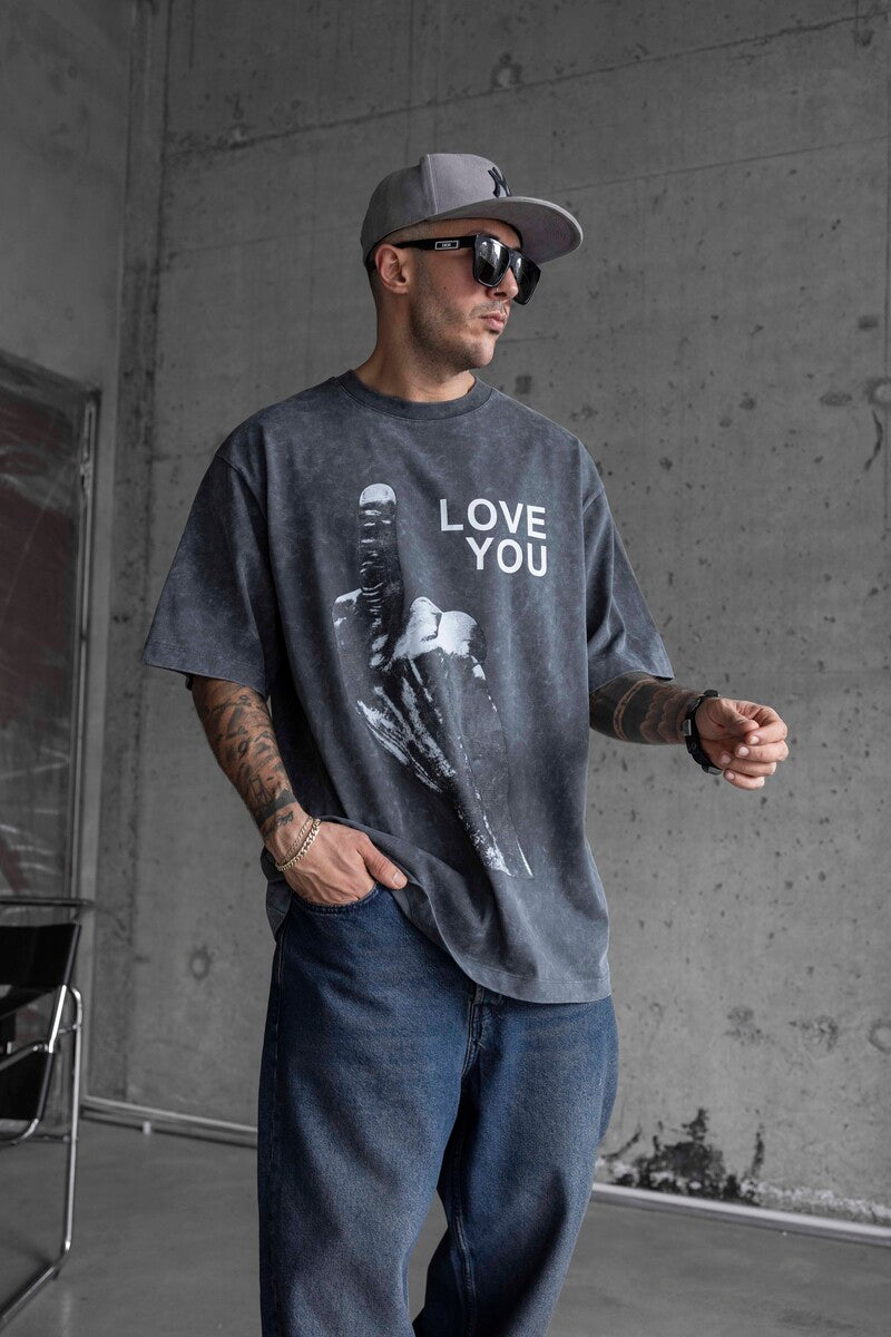 LOVE YOU PRINTED WASHED T-SHIRT GRAY 1736