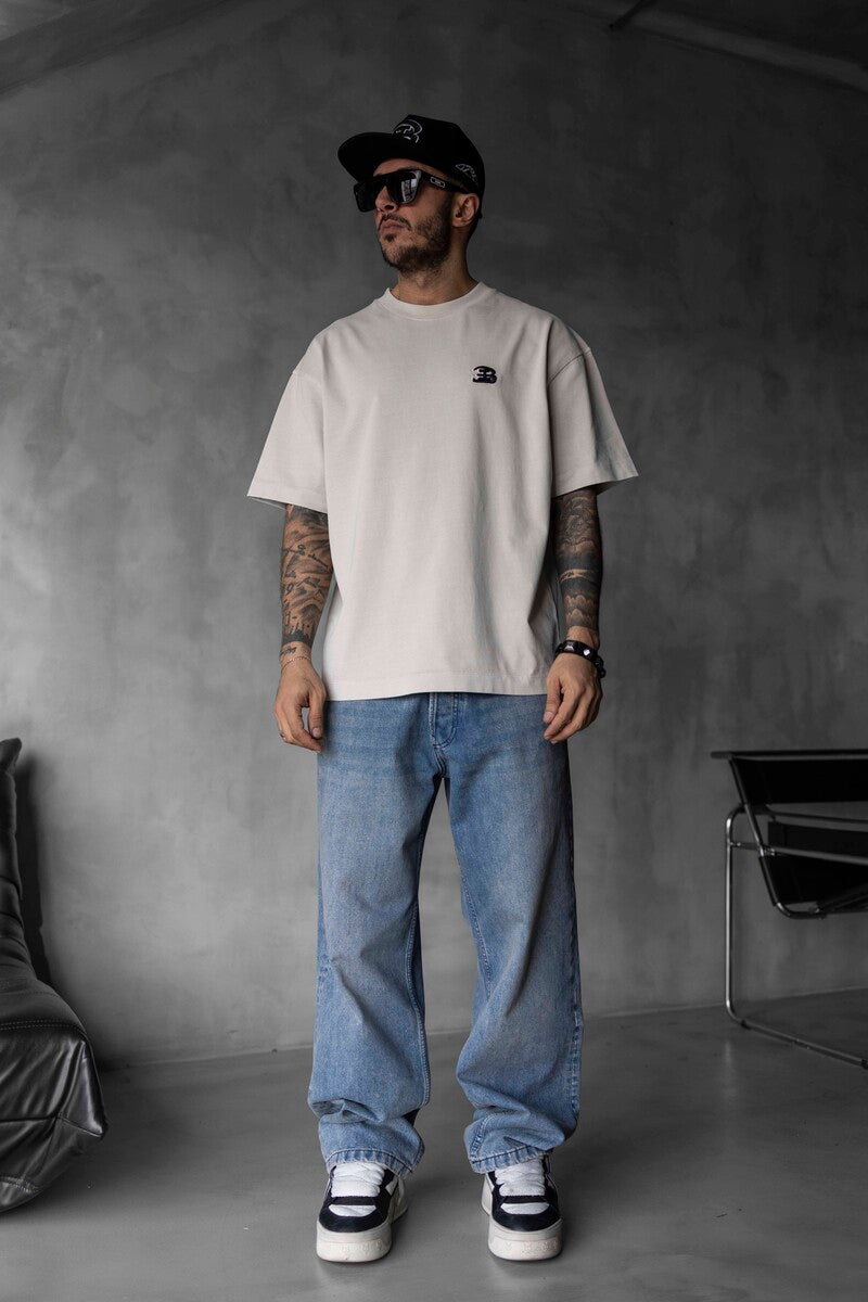 Minimal Beige Tee with Chest Embroidery 1835