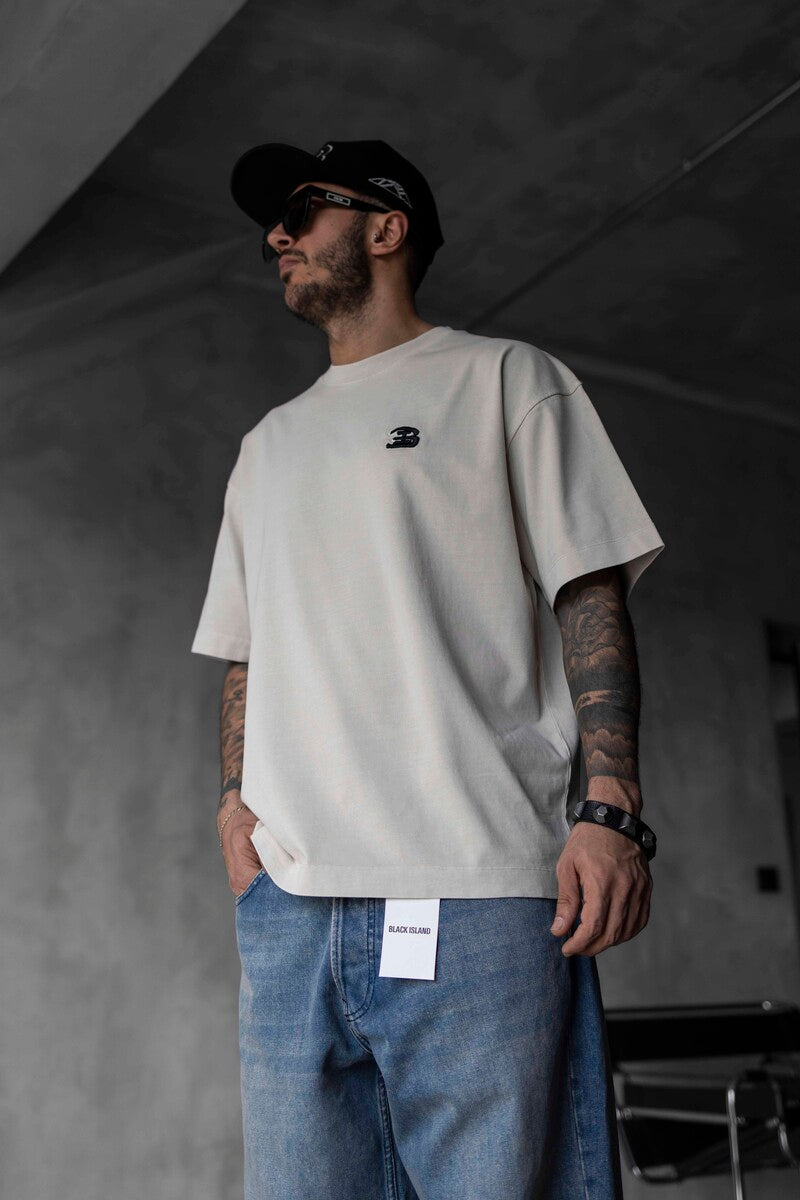 Minimal Beige Tee with Chest Embroidery 1835
