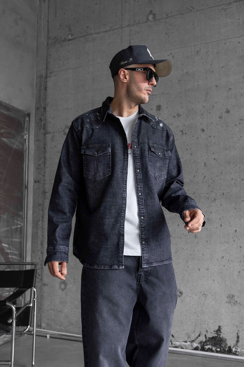 NO MONEY PRINTED DENIM JACKET SETS BLACK 16974