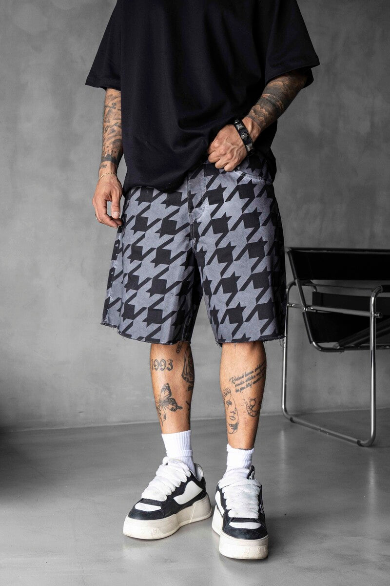 Patterned Denim Shorts Gray 17151