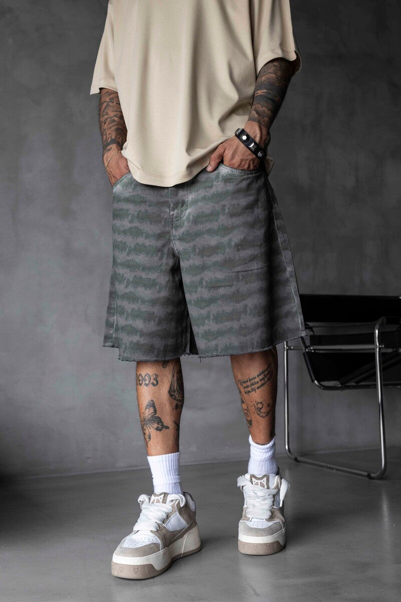 Patterned Denim Shorts Green 17148