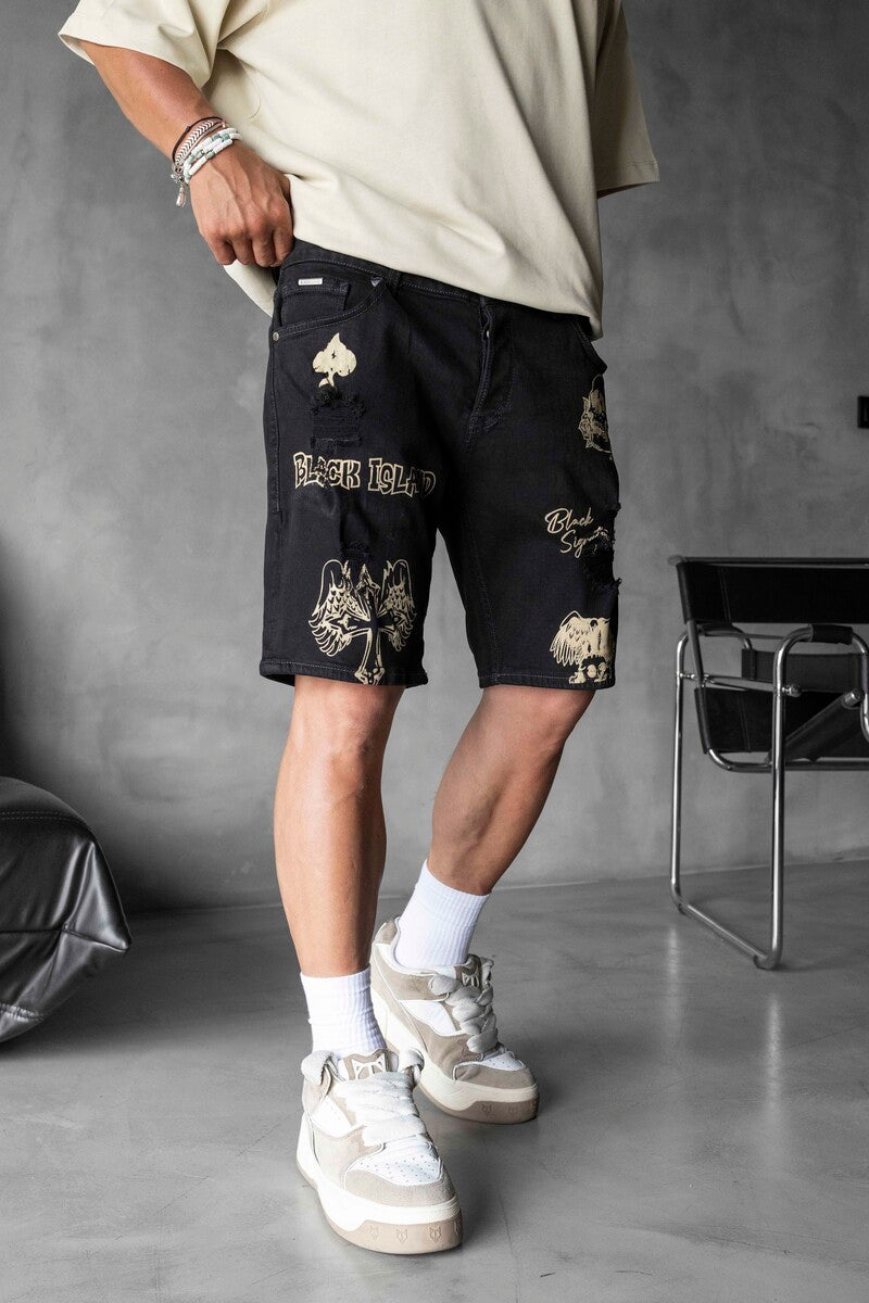 Printed Denim Short Black 16274